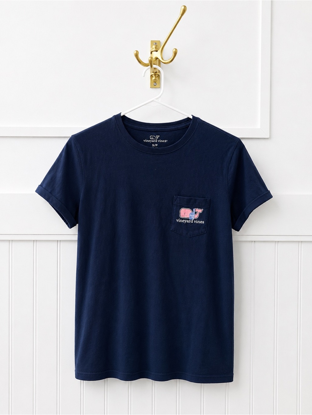 Vineyard Vines Navy Short-Sleeve Pocket Tee with Pink Whale